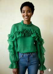 Emerald Green Ruffle & Rose Chiffon Blouse