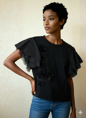 Black Floral Appliqué Statement T-Shirt