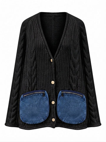 Unique Denim Pocket Knit Cardigan