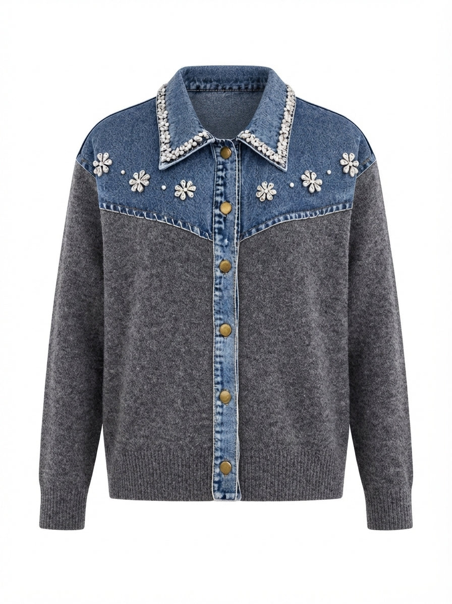 Audacious Crystal Denim Knit Cardigan