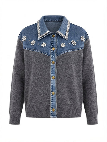 Audacious Crystal Denim Knit Cardigan