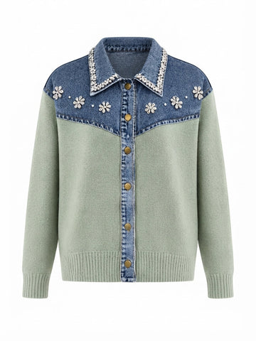 Audacious Crystal Denim Knit Cardigan