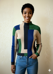 Abstract Color Block Pleated Mock Neck Top