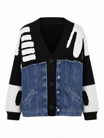 Unique Denim Patchwork Knit Cardigan
