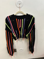 Neon Stripe Distressed Crop Sweater