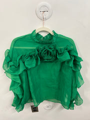 Emerald Green Ruffle & Rose Chiffon Blouse
