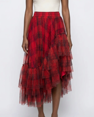 Garnet Plaid Asymmetric Tulle Skirt