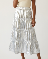 Liquid Silver Tiered Maxi Skirt