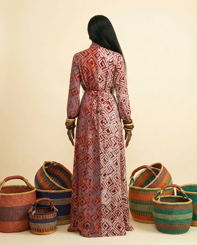 Ijenu Two-Tone Adire A-Line Dress with Bell Sleeves