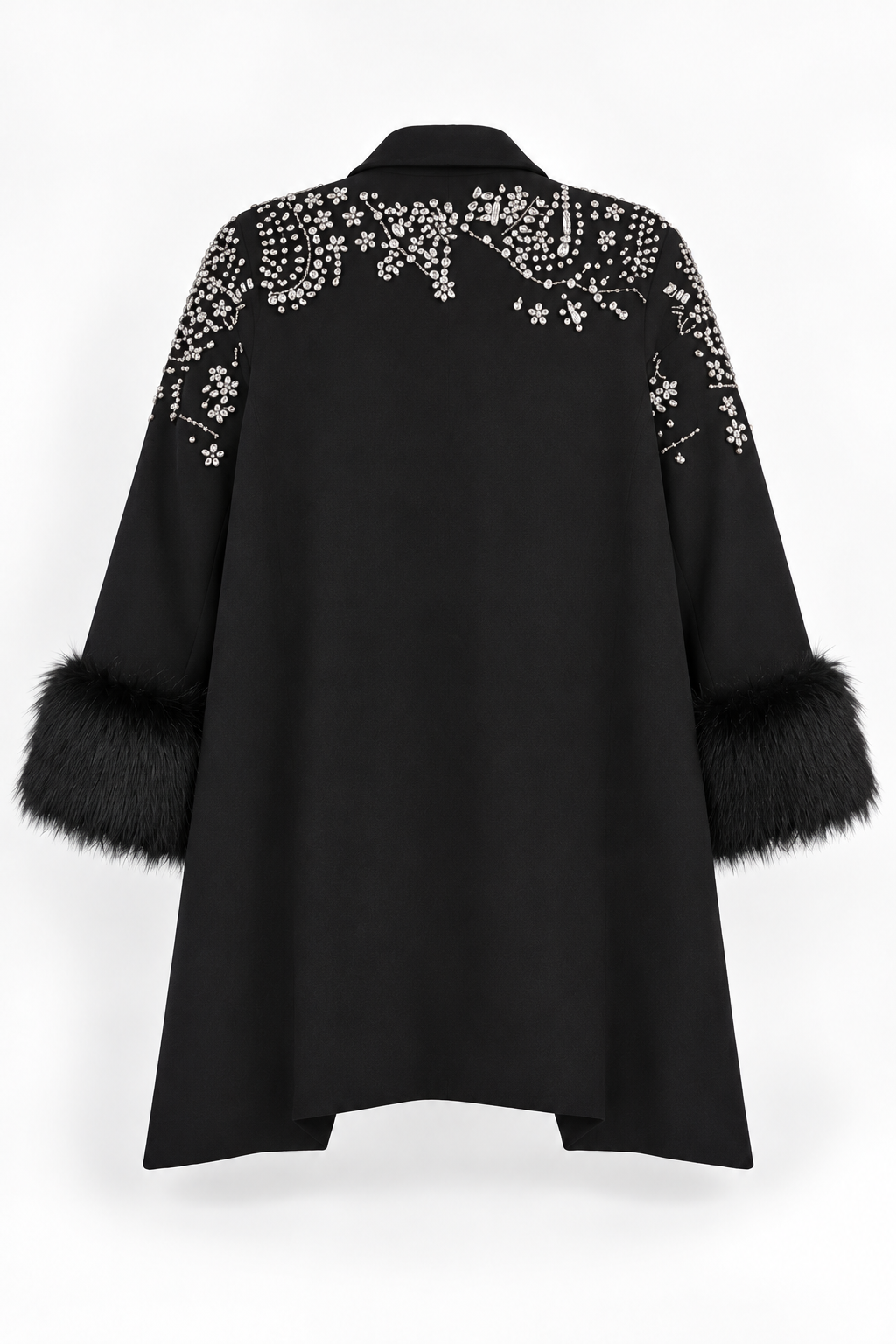 Black Embellished Long Jacket with Fluffy Cuffs, back