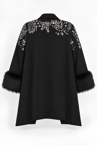 Black Embellished Long Jacket with Fluffy Cuffs, back