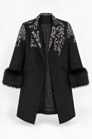 Black Embellished Long Jacket with Fluffy Cuffs, front