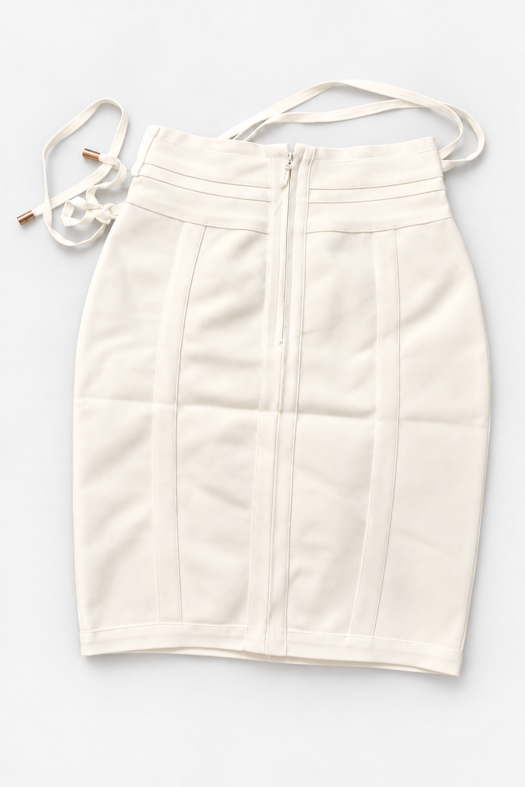 White Fitted Skirt with Shaping Seams and Metal-Tipped Ties, back