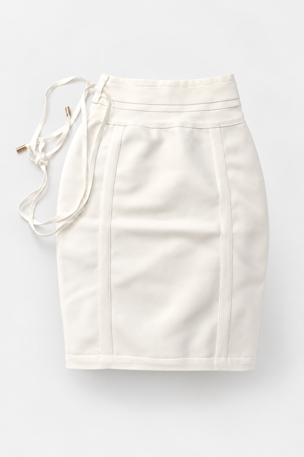 White Fitted Skirt with Shaping Seams and Metal-Tipped Ties, front