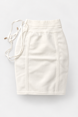 White Fitted Skirt with Shaping Seams and Metal-Tipped Ties, front
