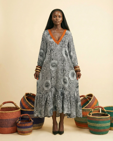Alucham Ankara Silk Maxi Dress - Bell Sleeve, Aso-Oke Trim