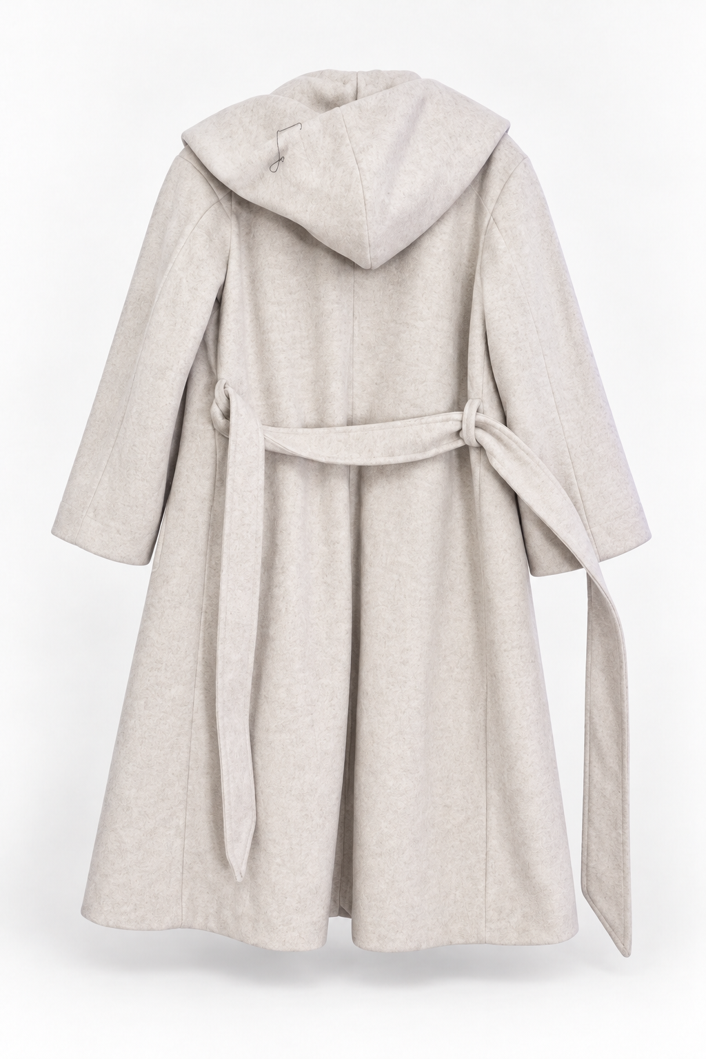 Light Grey Hooded Coat with Draped Collar and Belt, back