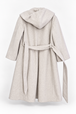 Light Grey Hooded Coat with Draped Collar and Belt, back