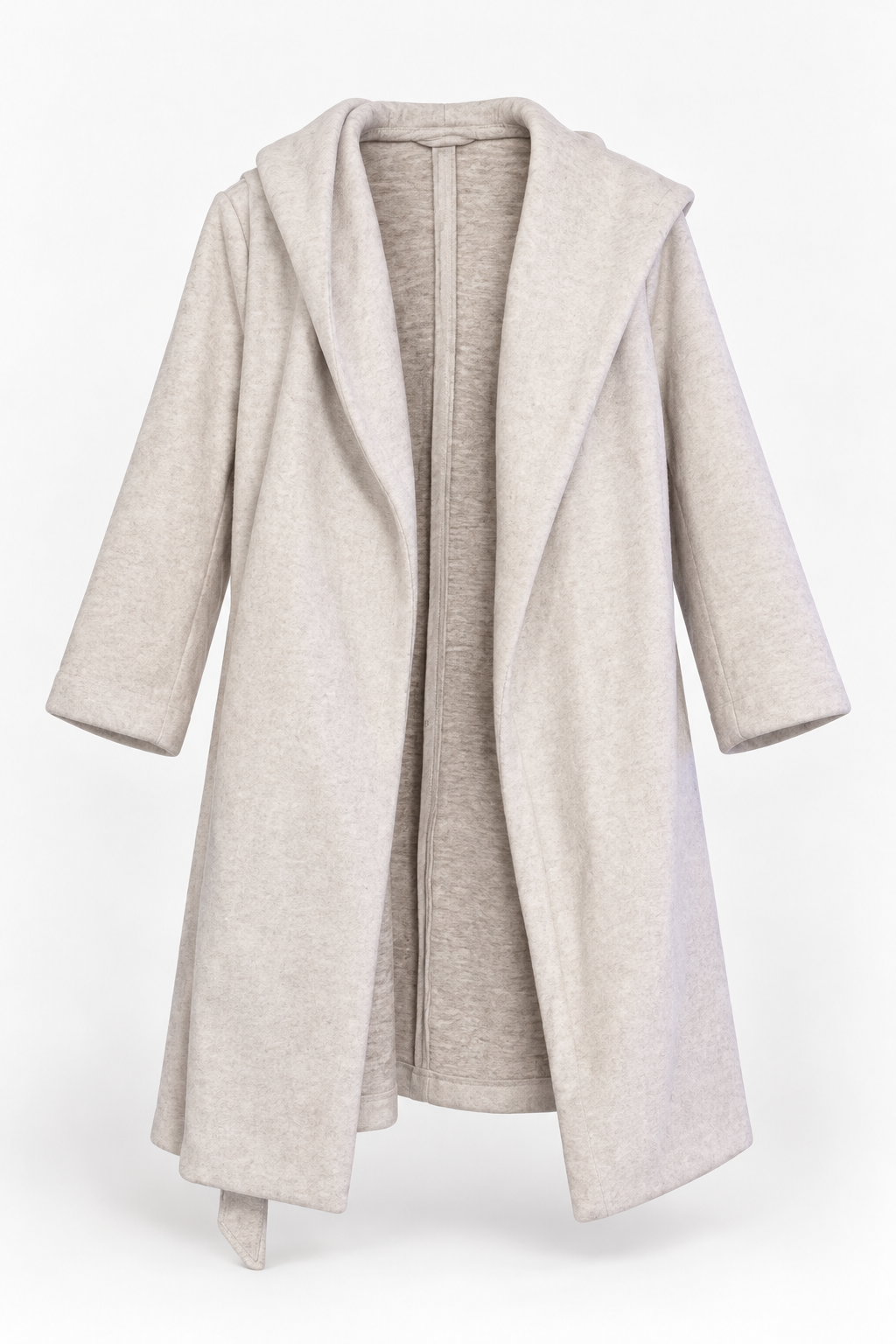 Light Grey Hooded Coat with Draped Collar and Belt, front