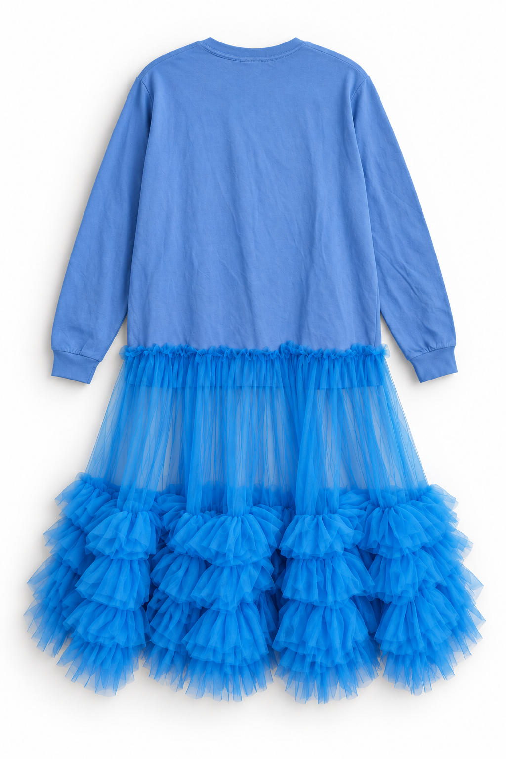 Blue Long-Sleeve Dress with Sheer Skirt and Ruffle Hem, back