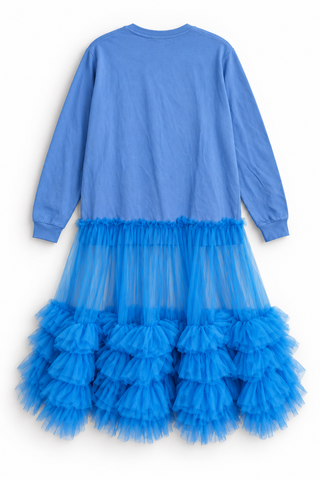 Blue Long-Sleeve Dress with Sheer Skirt and Ruffle Hem, back