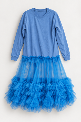 Blue Long-Sleeve Dress with Sheer Skirt and Ruffle Hem, front