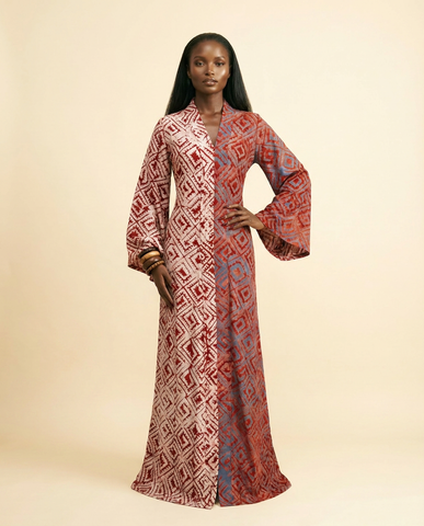 Ijenu Two-Tone Adire A-Line Dress with Bell Sleeves