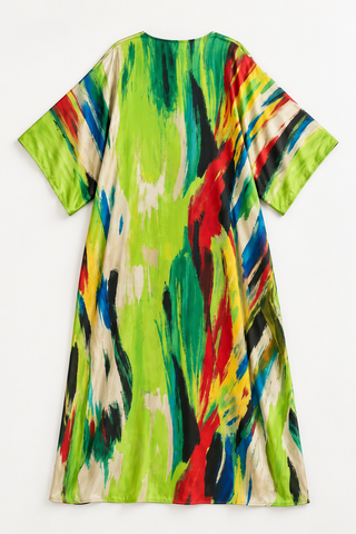 Multicolour Brushstroke Kaftan Maxi Dress with Black V-Neck Trim, back flat lay