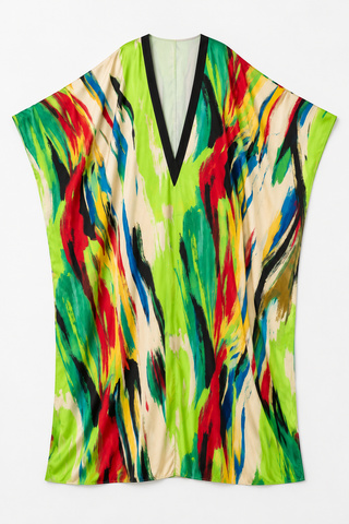 Multicolour Brushstroke Kaftan Maxi Dress with Black V-Neck Trim, front flat lay