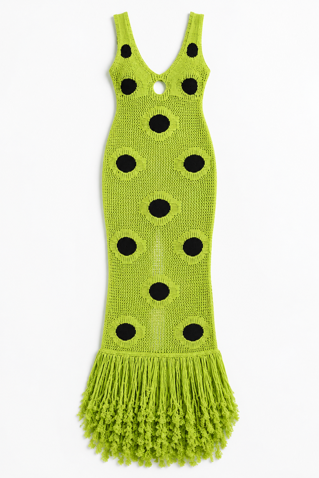 Lime Green and Black Crochet Maxi Dress with Keyhole and Fringed Hem, front flat lay