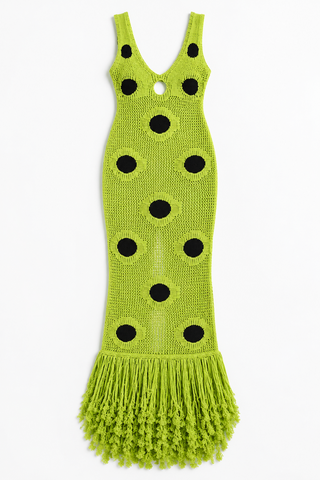 Lime Green and Black Crochet Maxi Dress with Keyhole and Fringed Hem, front flat lay