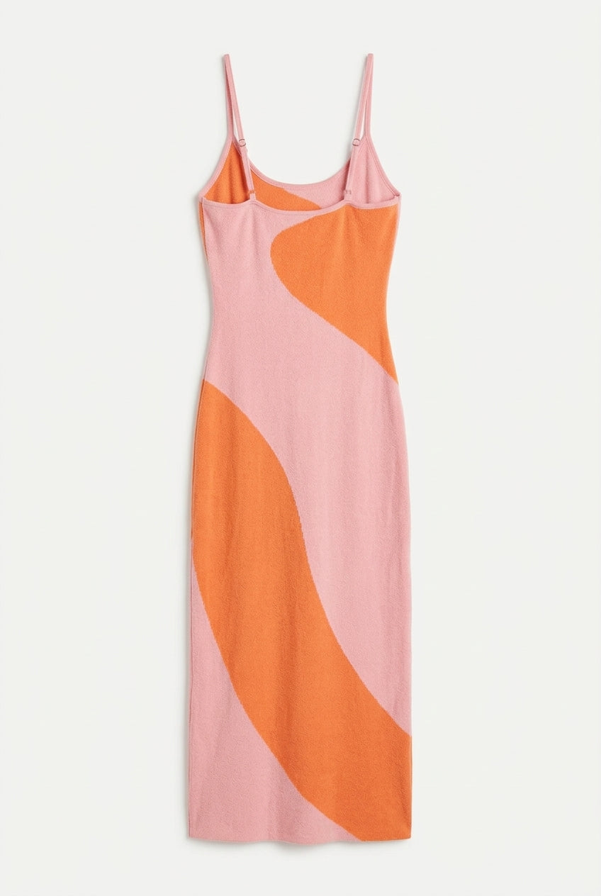 Pink and orange wave knit midi slip dress, back