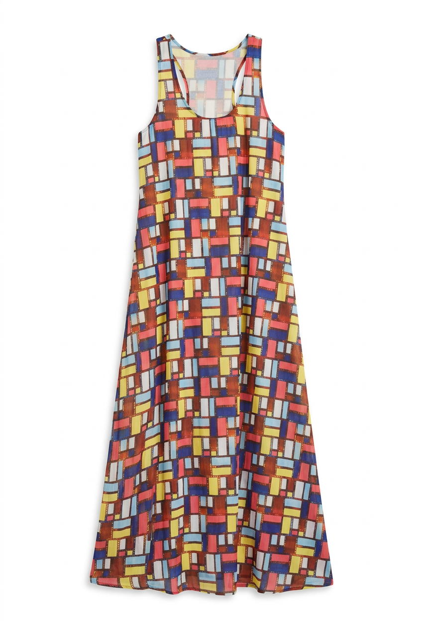 Film strip block print maxi dress, flat lay on white background
