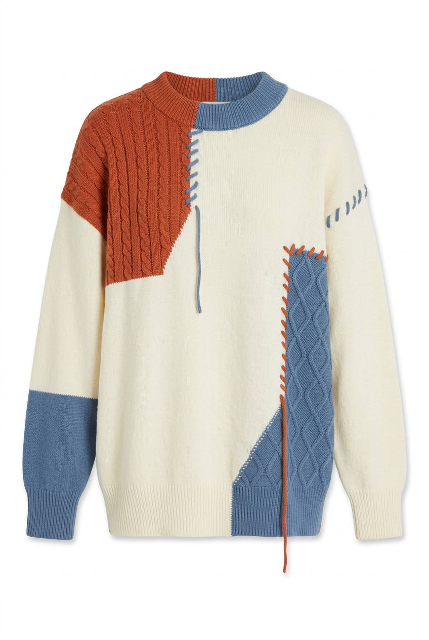 Cream Color Block Cable Knit Sweater with Rust and Blue Whipstitch Details