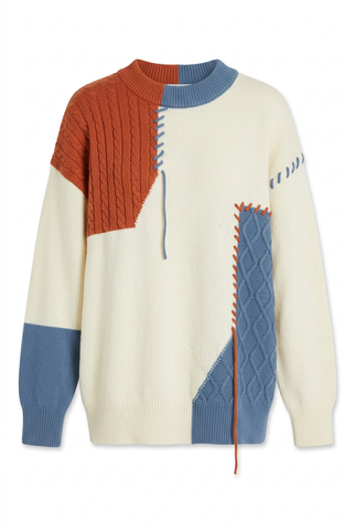 Cream Color Block Cable Knit Sweater with Rust and Blue Whipstitch Details
