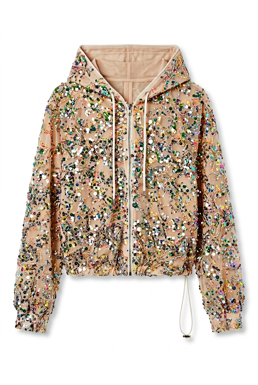 Iridescent Sequin Embellished Hooded Zip Up Jacket