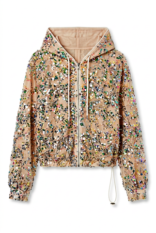 Iridescent Sequin Embellished Hooded Zip Up Jacket