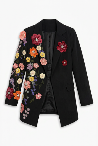 Black floral appliqué blazer, front view