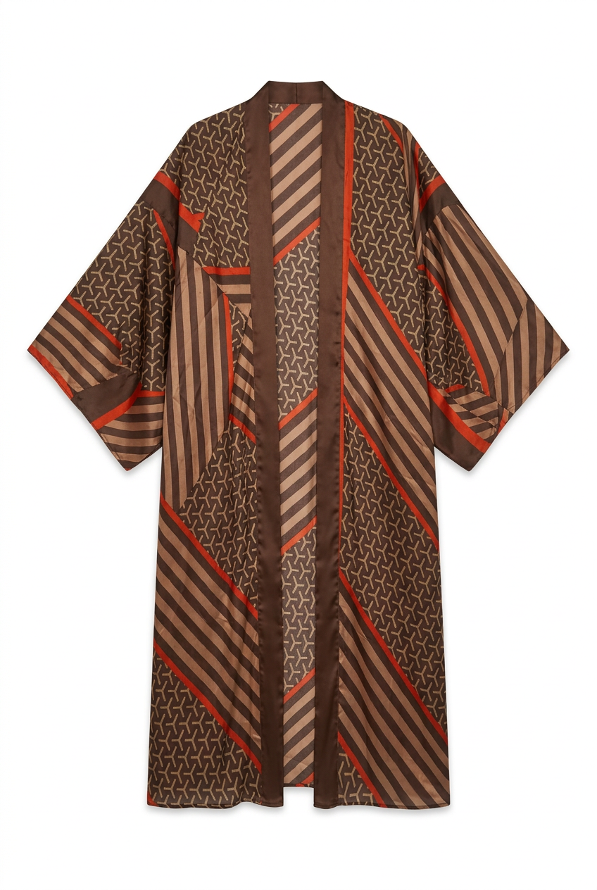Brown and orange satin print kimono duster, front view