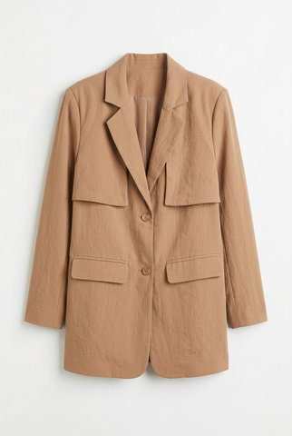 Camel tan relaxed blazer with storm flap yoke, front