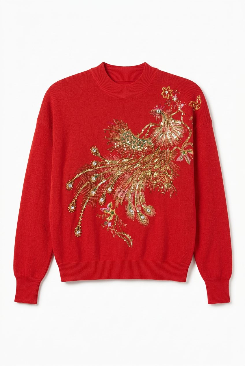 Red Peacock Sequin Embroidered Mock Neck Knit Sweater