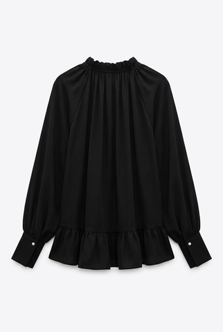 Black ruffle neck balloon sleeve blouse, back