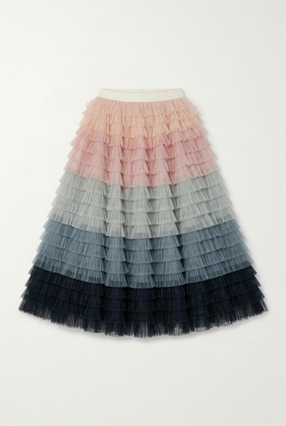 Ombre tiered tulle ruffle midi skirt, front