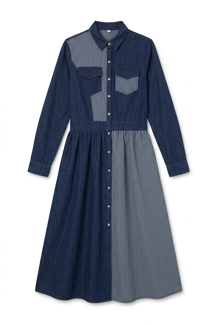 Dark Denim and Pinstripe Patchwork Long Sleeve Midi Shirt Dress