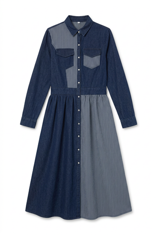 Dark Denim and Pinstripe Patchwork Long Sleeve Midi Shirt Dress
