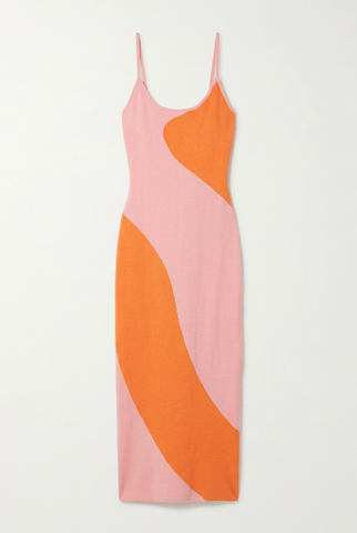 Pink and orange wave knit midi slip dress, front