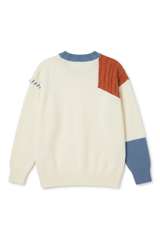 Cream Color Block Cable Knit Sweater with Rust and Blue Whipstitch Details