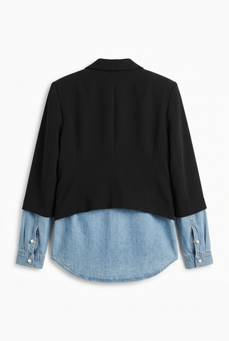 Black Open Front Blazer with Layered Denim Shirt Hem and Pearl Buttons
