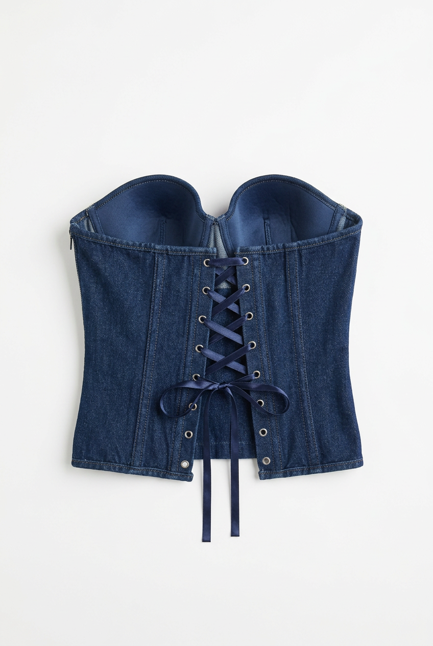 Dark denim corset bustier top with satin lace-up, back view