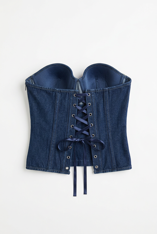 Dark denim corset bustier top with satin lace-up, back view